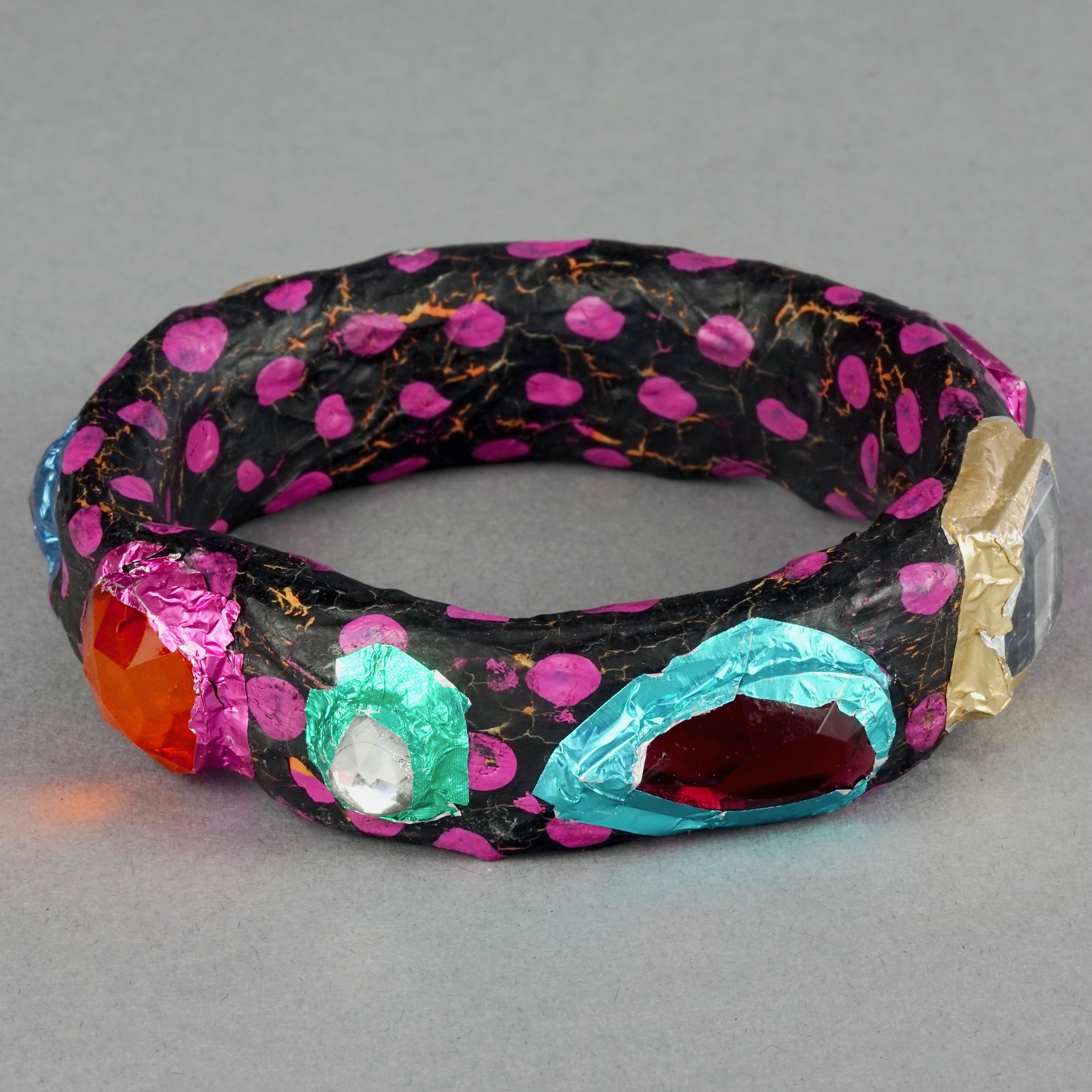 MOSCHINO Black Pink Jewelled Foil Polka Dot Papier-Mâché Bangle Bracelet For Sale 4