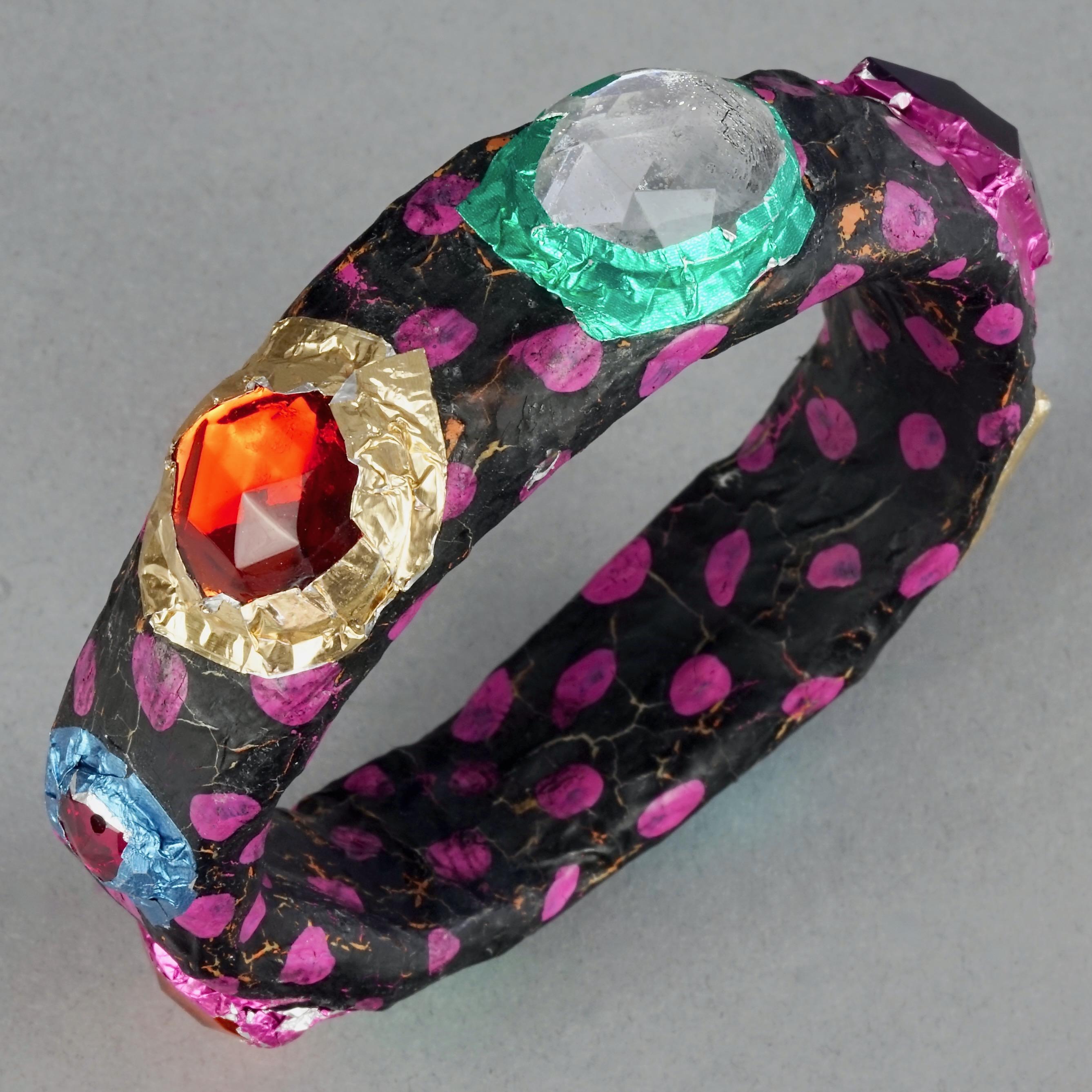 MOSCHINO Black Pink Jewelled Foil Polka Dot Papier-Mâché Bangle Bracelet For Sale 5