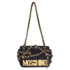 Moschino Black Quilted Leather Logo Flap Chained Shoulder Bag