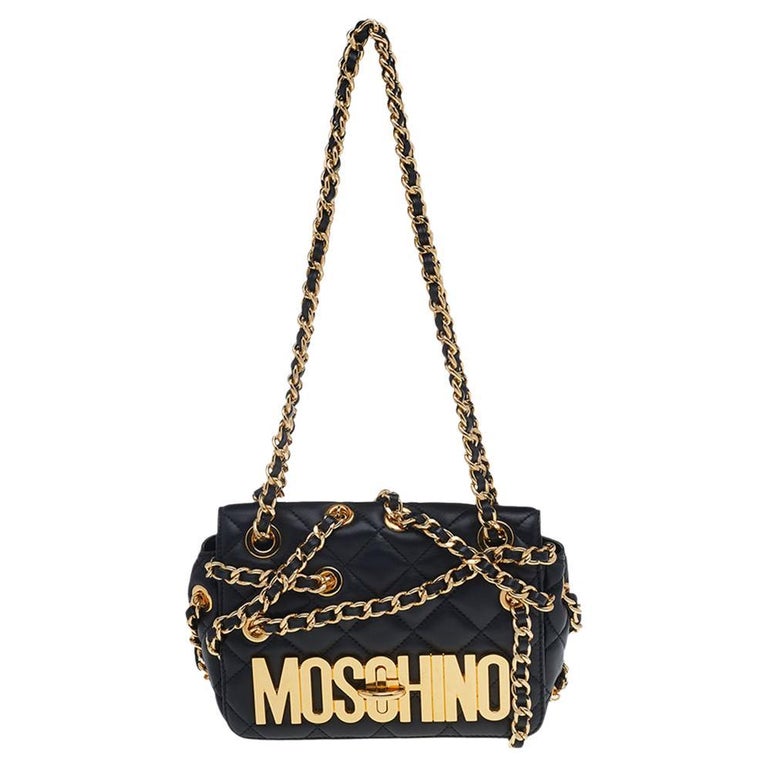 Moschino Black Quilted Leather Logo Flap Chained Shoulder Bag at 1stDibs