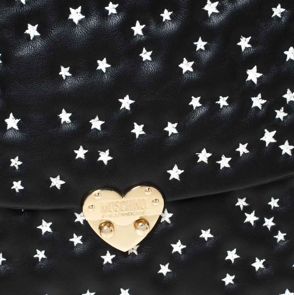 Moschino Black Star Embroidered Leather Flap Heart Lock Chain Bag 3