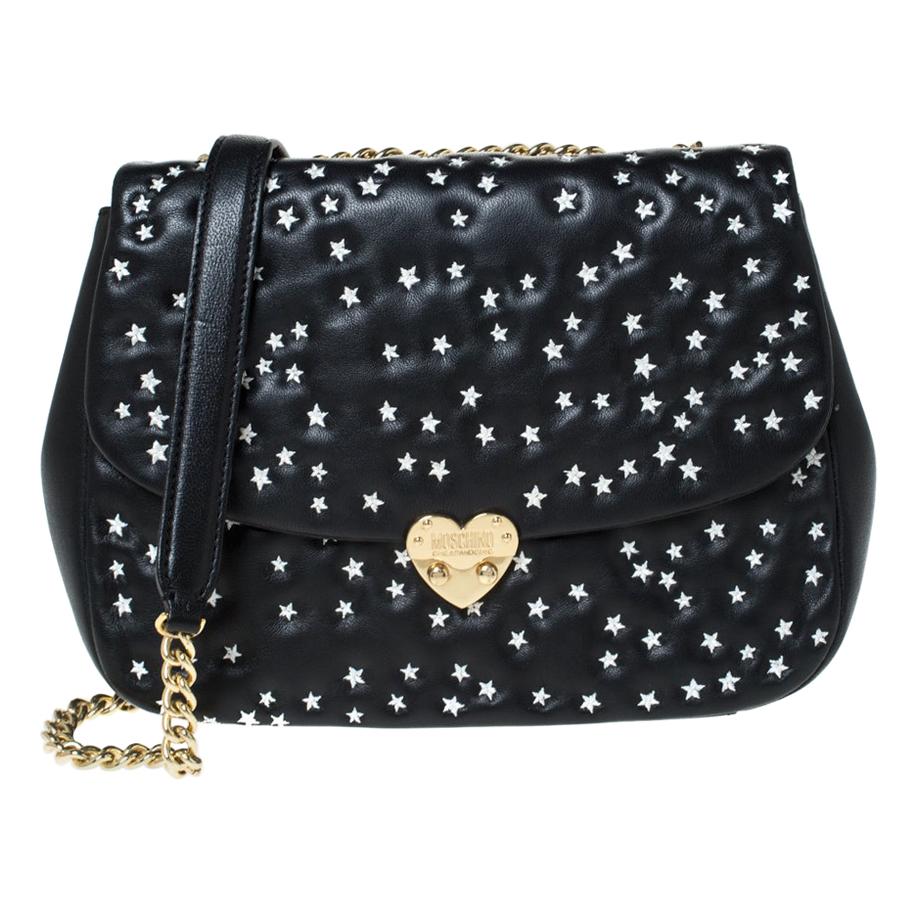 Moschino Black Star Embroidered Leather Flap Heart Lock Chain Bag