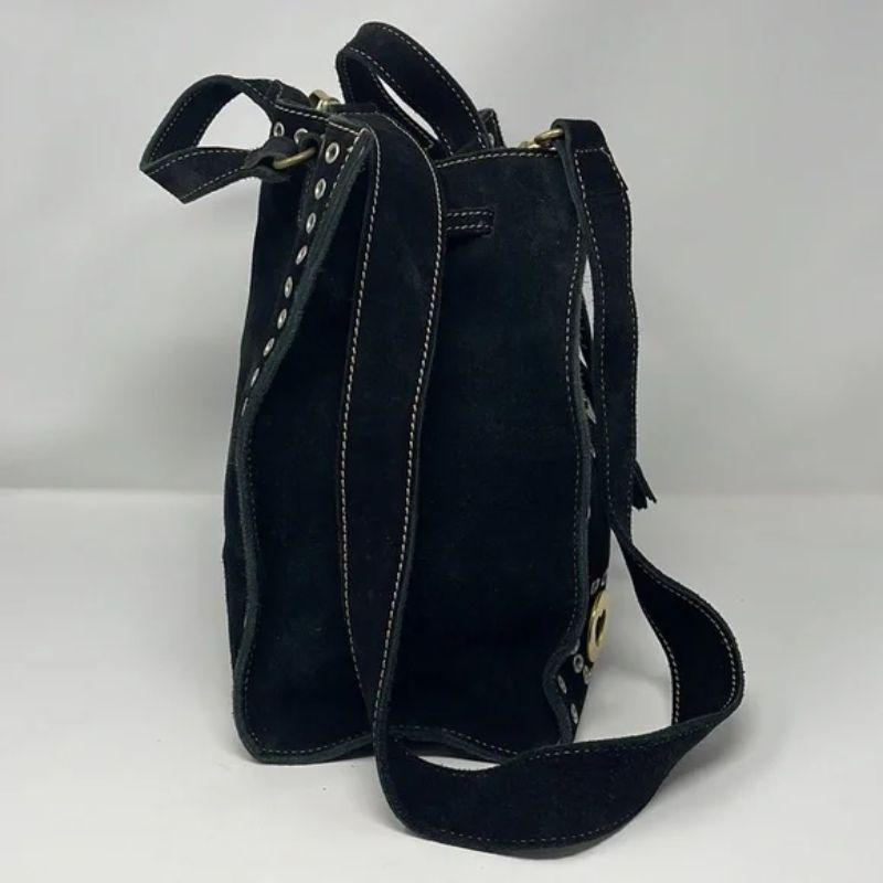 Moschino Black Suede Draw String Bag Grommets Hearts Peace Sign In Good Condition For Sale In Los Angeles, CA