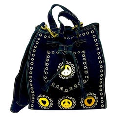 Moschino Black Suede Draw String Bag Grommets Hearts Peace Sign
