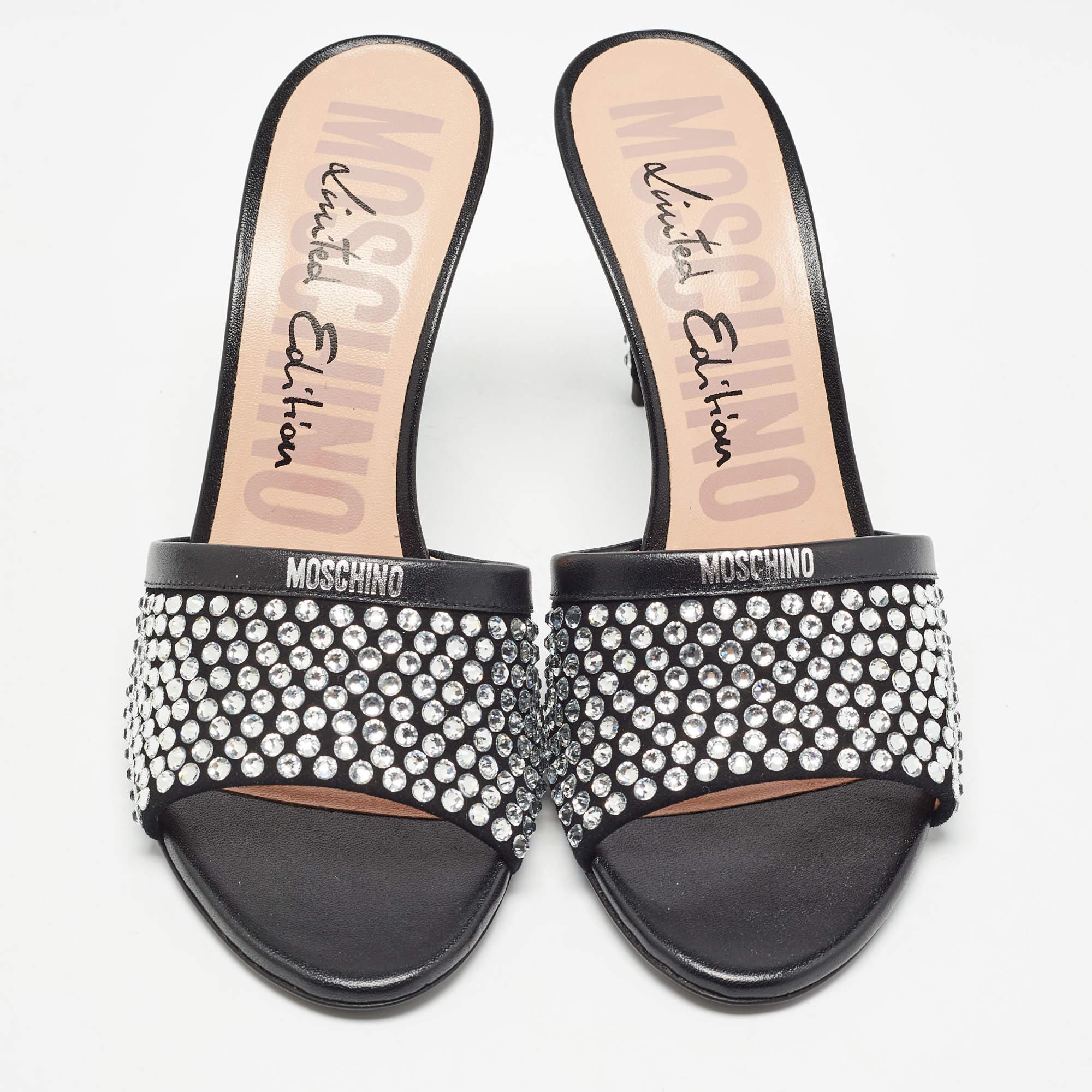 Moschino Black Suede Limited Edition Crystal Embellished Slide Sandals Size 38 In New Condition For Sale In Dubai, Al Qouz 2