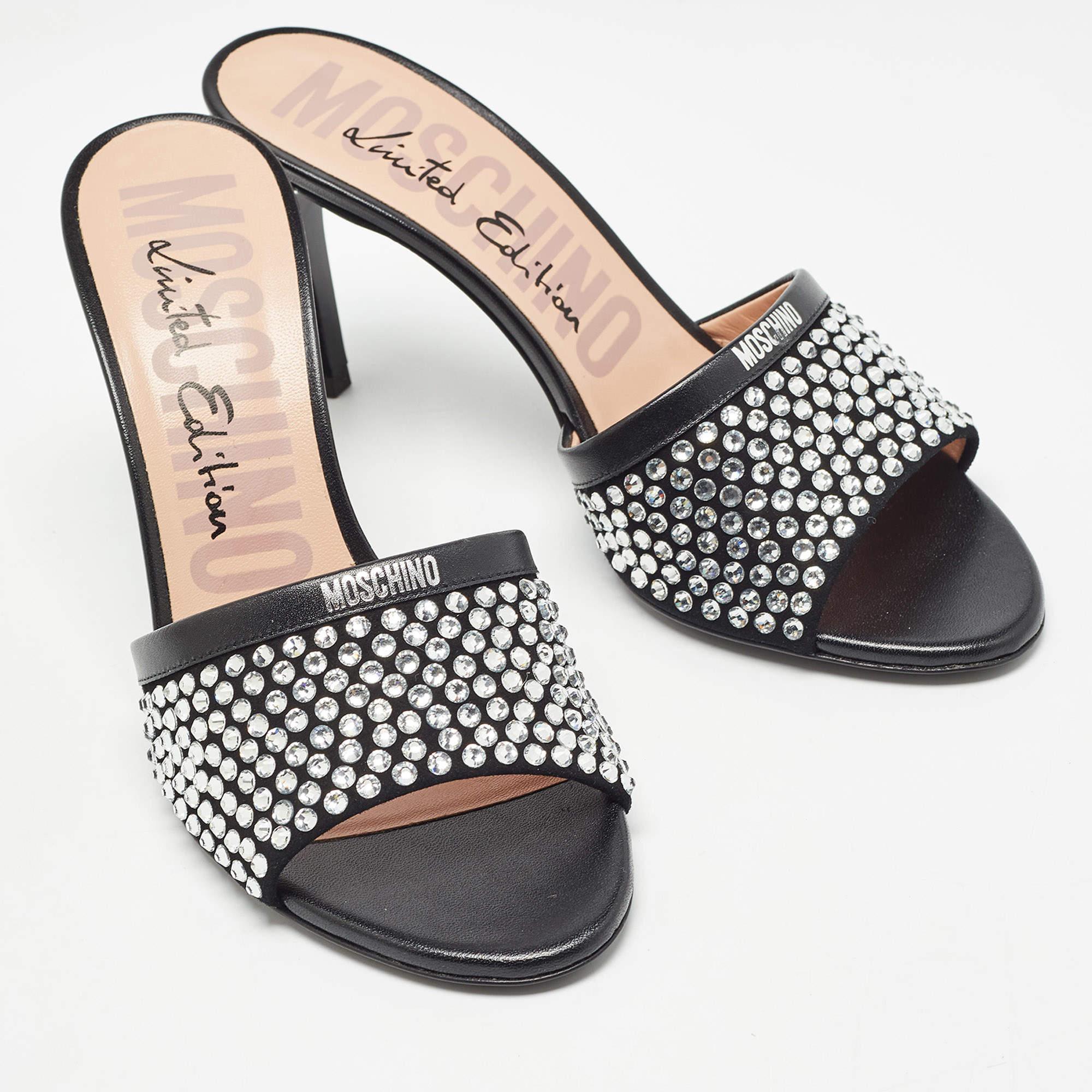 Women's Moschino Black Suede Limited Edition Crystal Embellished Slide Sandals Size 38 For Sale