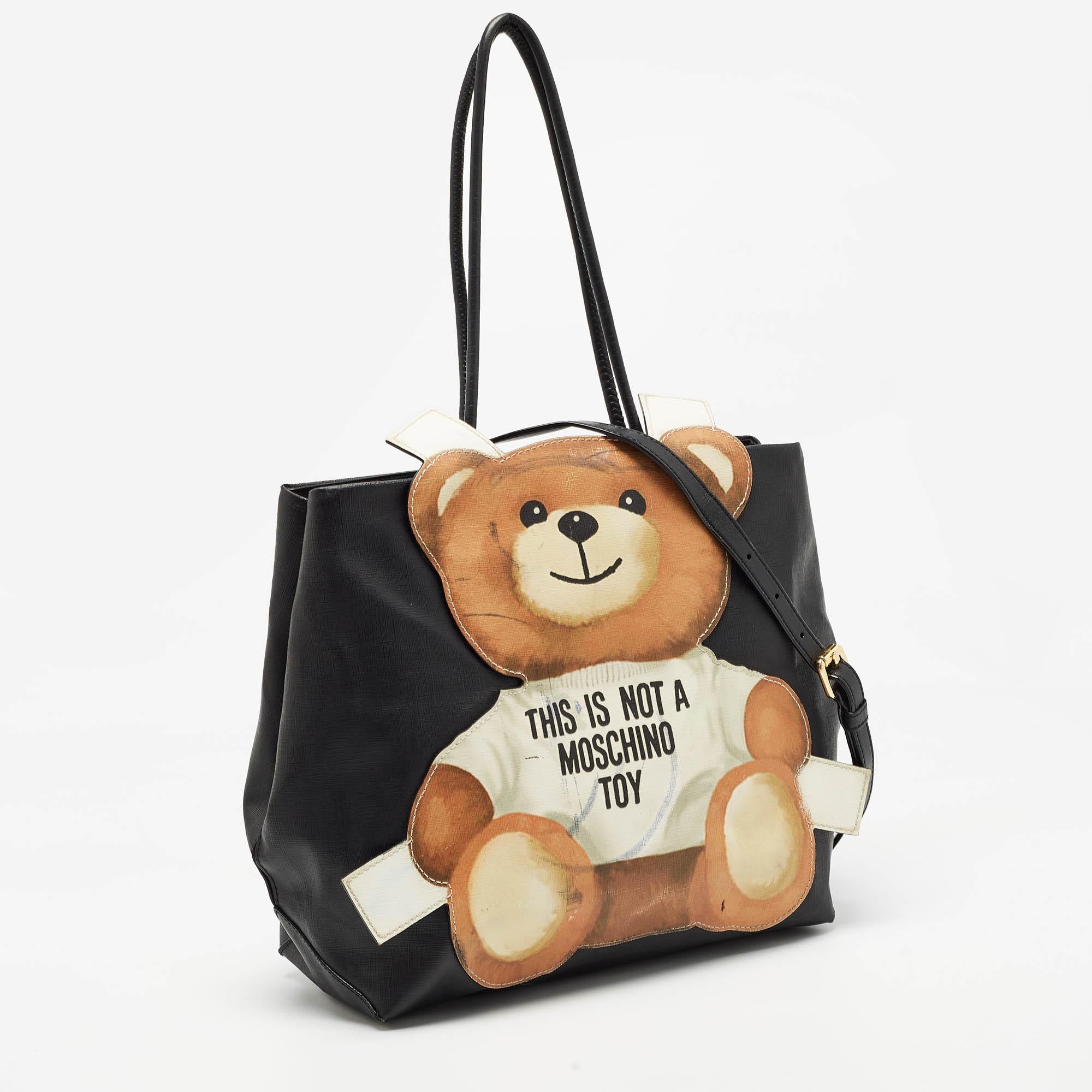 Moschino Black Textured Faux Leather Teddy Bear Tote For Sale 8