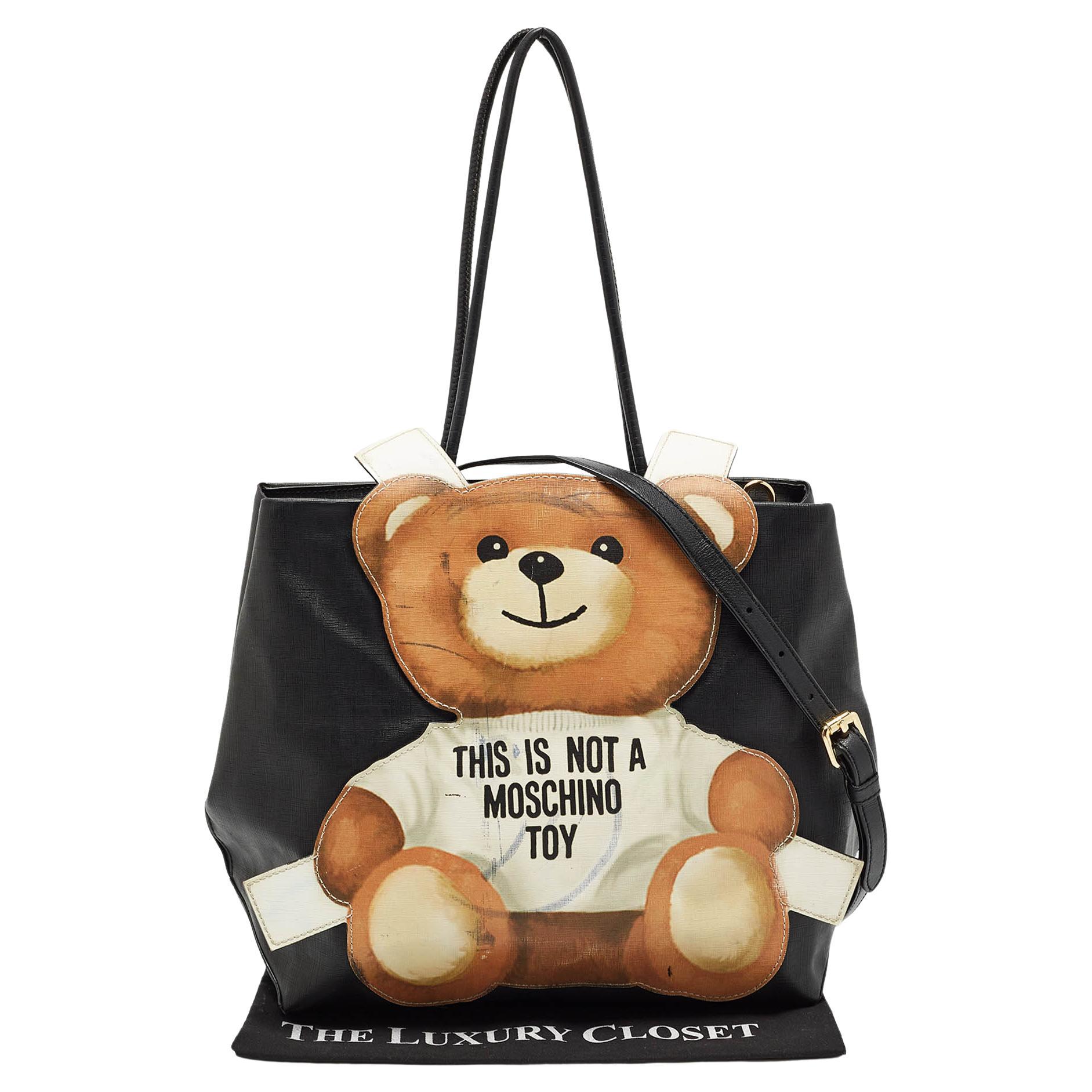Moschino Black Textured Faux Leather Teddy Bear Tote For Sale
