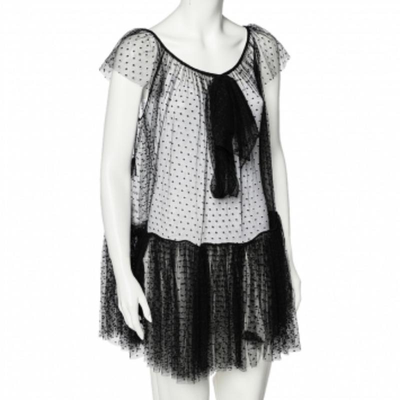 Moschino Black Tulle Ruffled Hem Bow Detail Sheer Mini Dress S 2