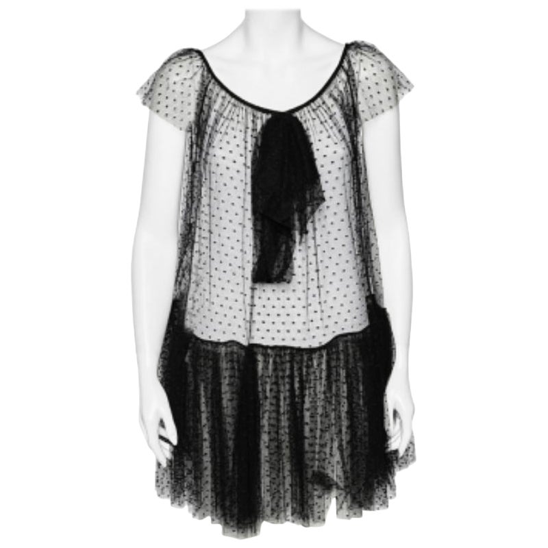 Moschino Black Tulle Ruffled Hem Bow Detail Sheer Mini Dress S