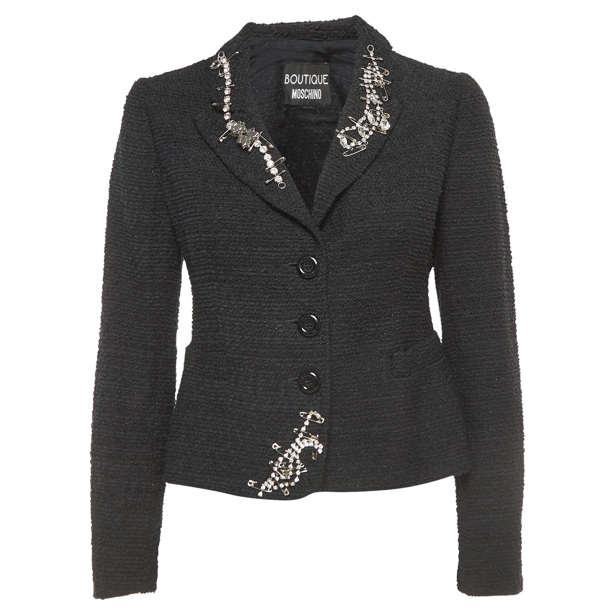 Moschino Black Tweed Embellished Single Breasted Blazer S