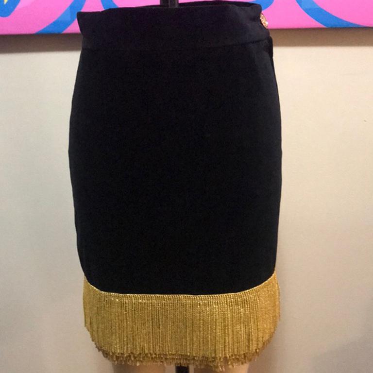 Moschino Black Velvet Gold Fringe Skirt In Good Condition For Sale In Los Angeles, CA