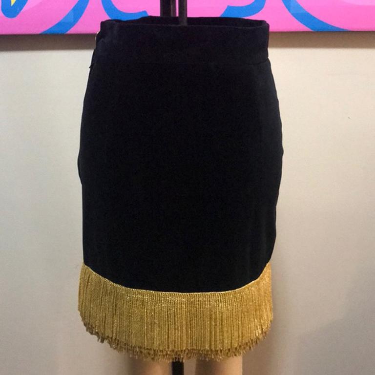 Moschino Black Velvet Gold Fringe Skirt For Sale 2