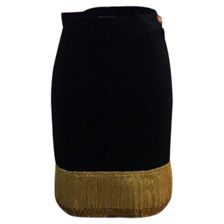 Moschino Black Velvet Gold Fringe Skirt For Sale