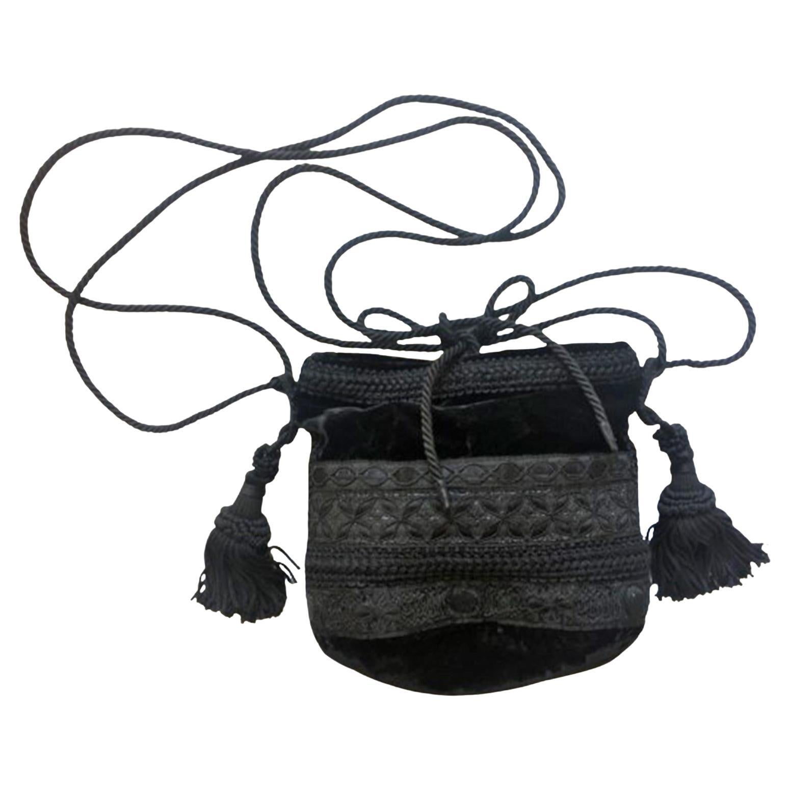 Moschino Black Velvet Tassel Crossbody Bag Purse 1990s  For Sale