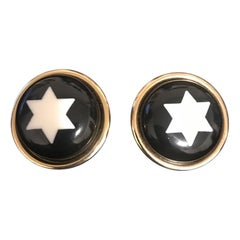 Vintage Moschino Black White Star Round Clip-on Earrings