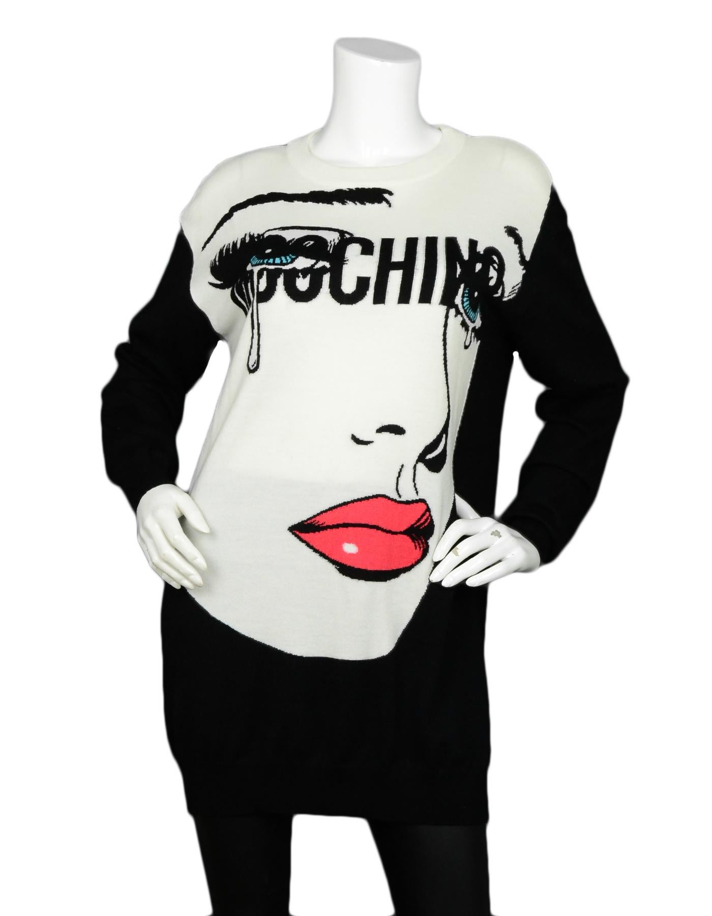 Moschino Black & White Wool Crying Girl Intarsia Sweater sz Small

Made In: Italy
Year of Production: 2018
Color: Black, White
Materials: 100% Virgin Wool
Lining: 100% Virgin Wool
Opening/Closure: Slip-on
Overall Condition: Excellent pre-owned