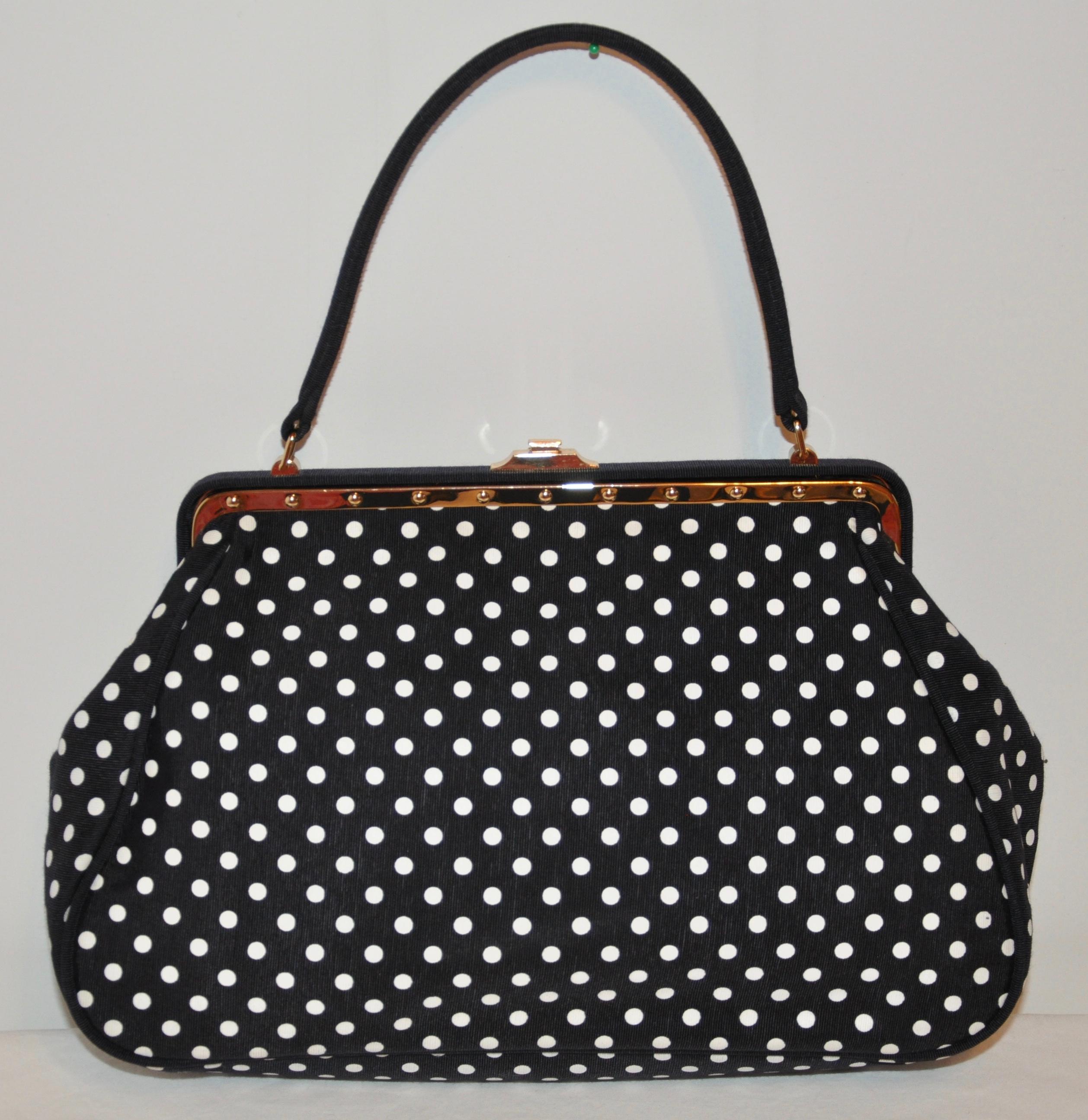 Moschino Black with White Polka Dot and Gilded Gold Hardware Accent Handbag In Good Condition For Sale In New York, NY