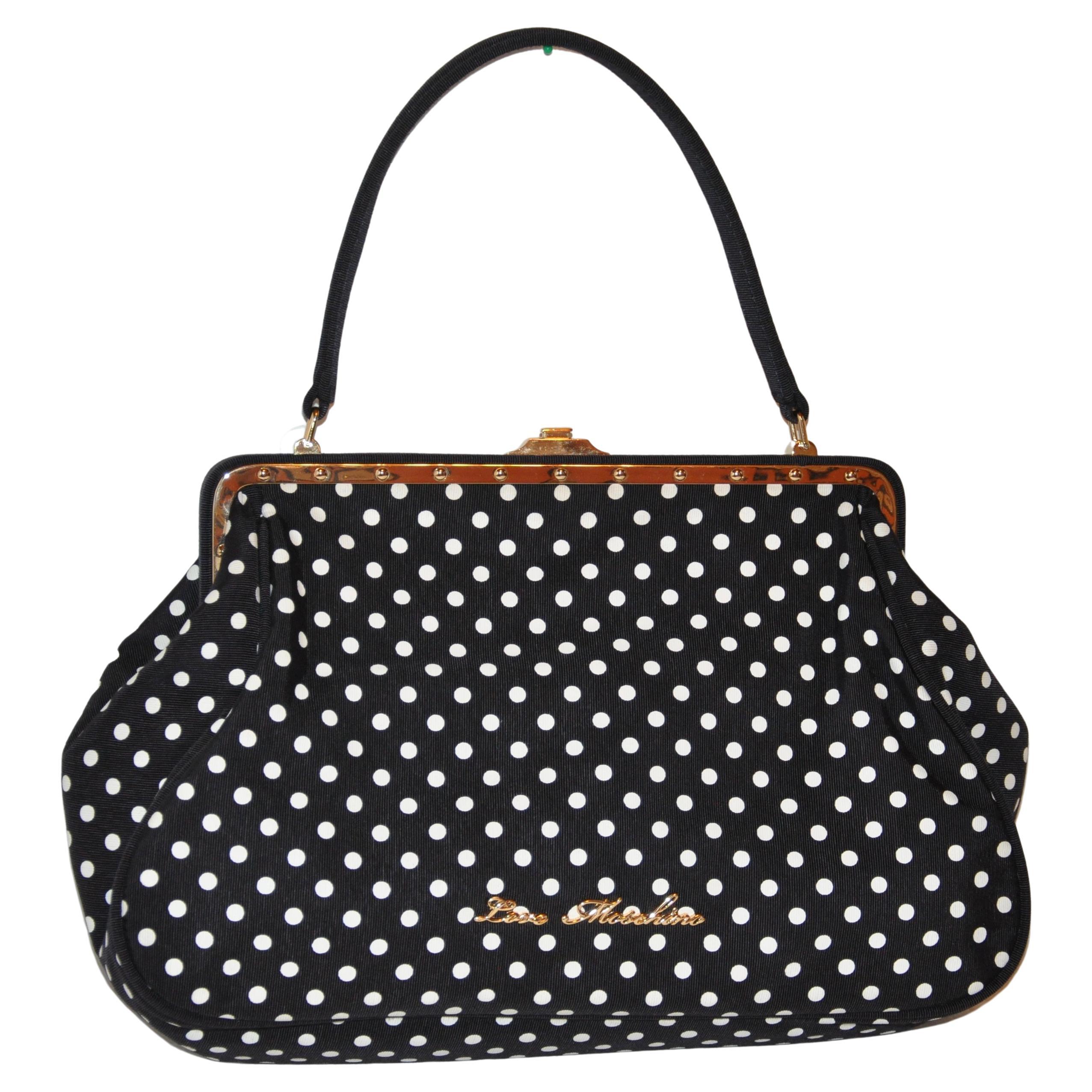 Moschino Black with White Polka Dot and Gilded Gold Hardware Accent Handbag