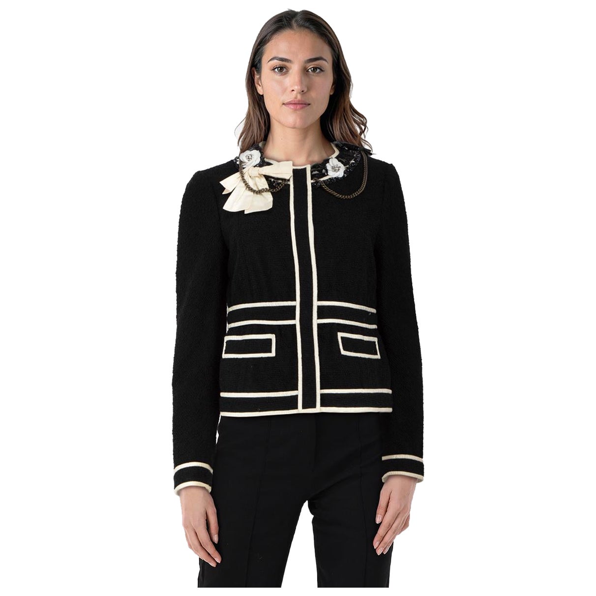 Moschino Black Wool Bow Embellished Detail Jacket Size XL