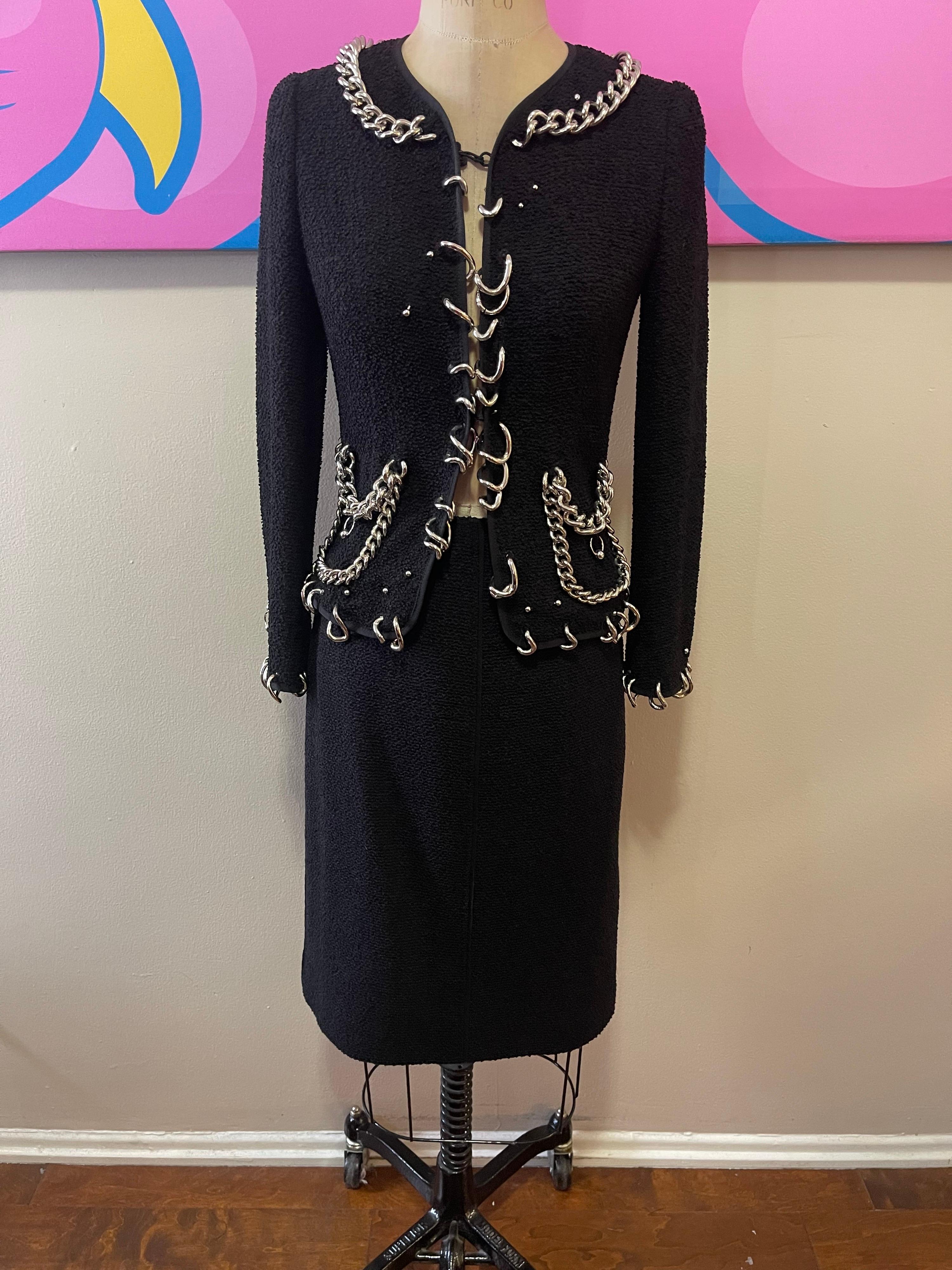 Moschino Black Wool Crepe Suit Silver Chains For Sale 5