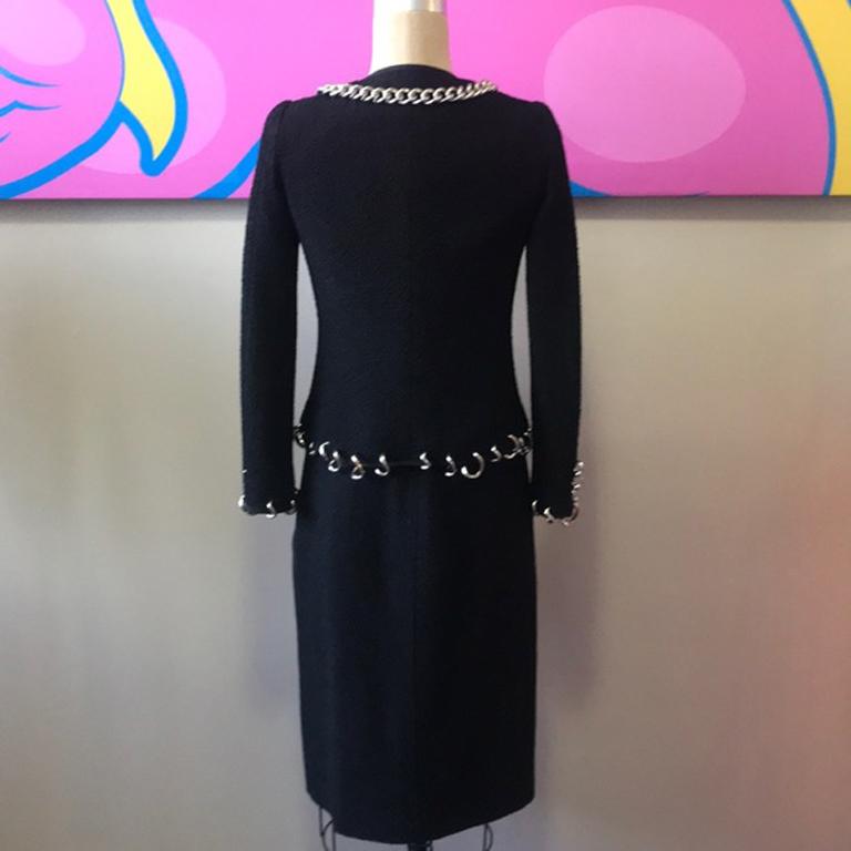 Moschino Black Wool Crepe Suit Silver Chains In Good Condition For Sale In Los Angeles, CA