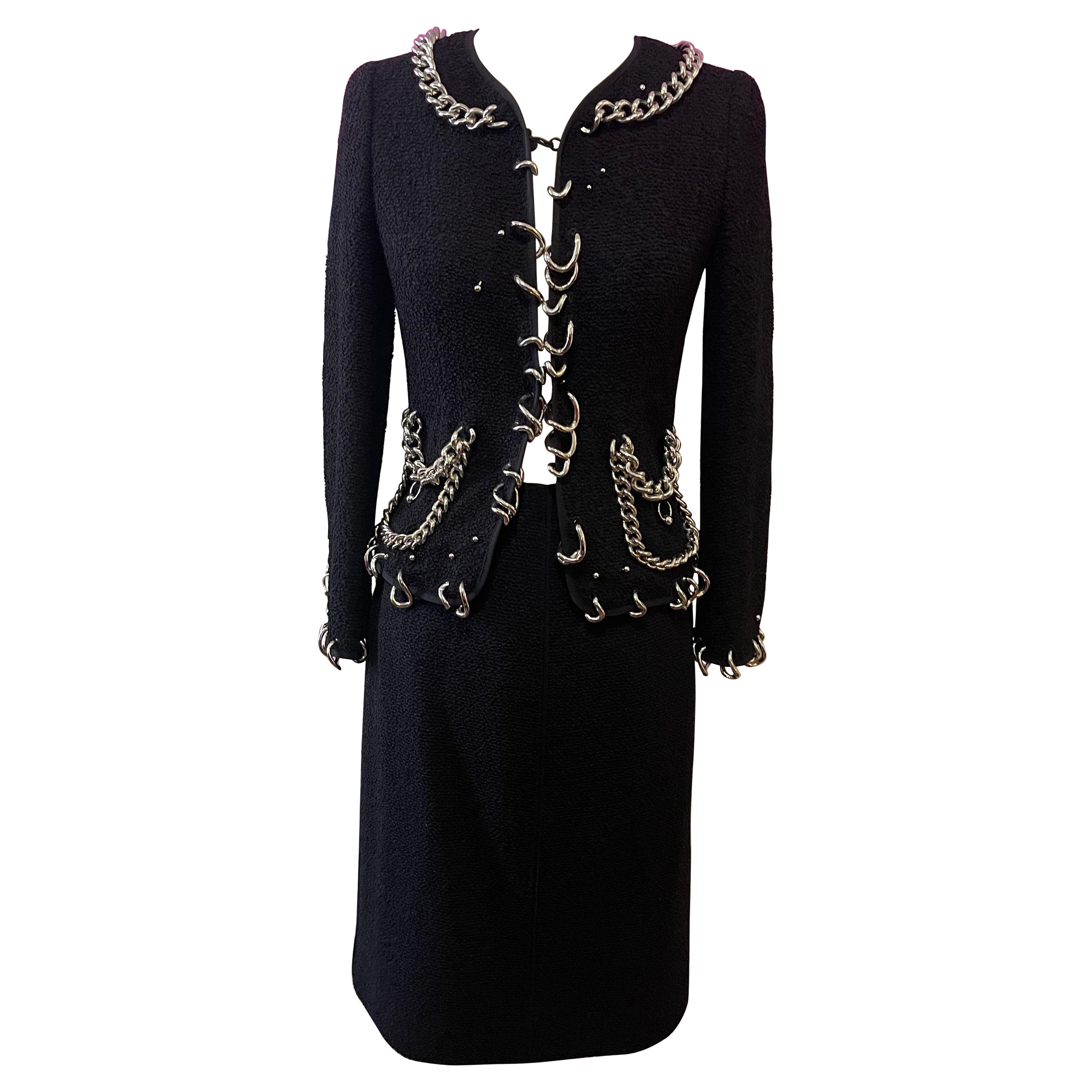 Moschino Traje de crepé de lana negro Cadenas plateadas en venta