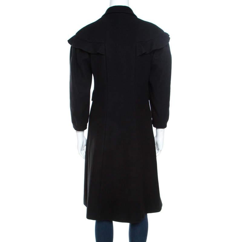 Moschino Black Wool Ruffled Trim Rosette Applique Button Front Long Coat M In Good Condition For Sale In Dubai, Al Qouz 2