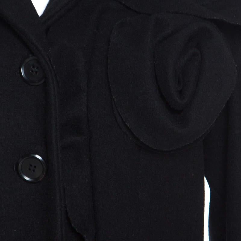 Women's Moschino Black Wool Ruffled Trim Rosette Applique Button Front Long Coat M For Sale