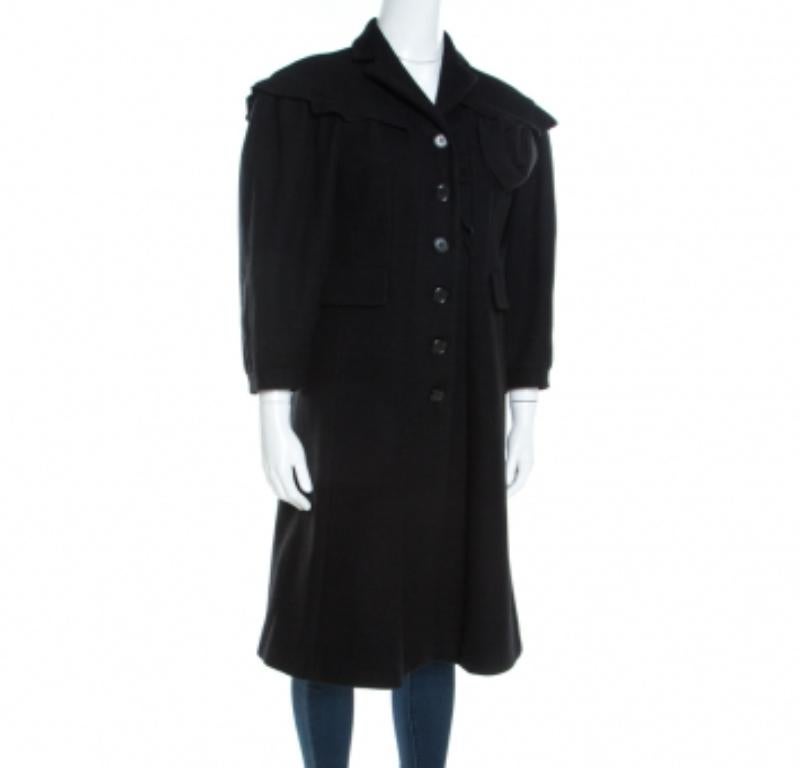 De las mujeres Moschino Abrigo largo de lana negro con adornos de volantes y rosetas con botones delante M en venta