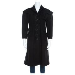Moschino Black Wool Ruffled Trim Rosette Applique Button Front Long Coat M
