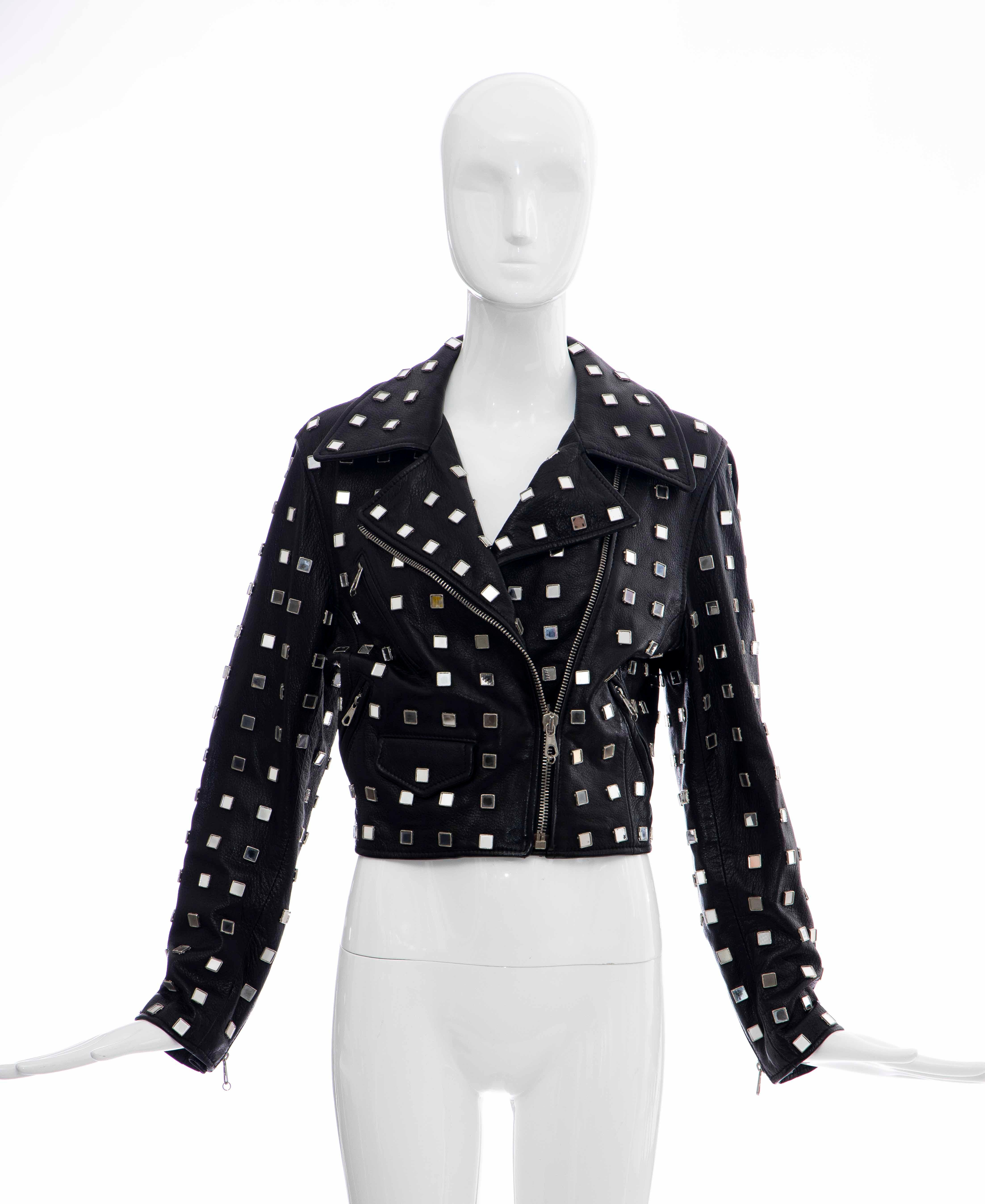 Moschino Black Zip Front Leather Jacket Appliquéd Square Mirrors, Circa: 1991 7