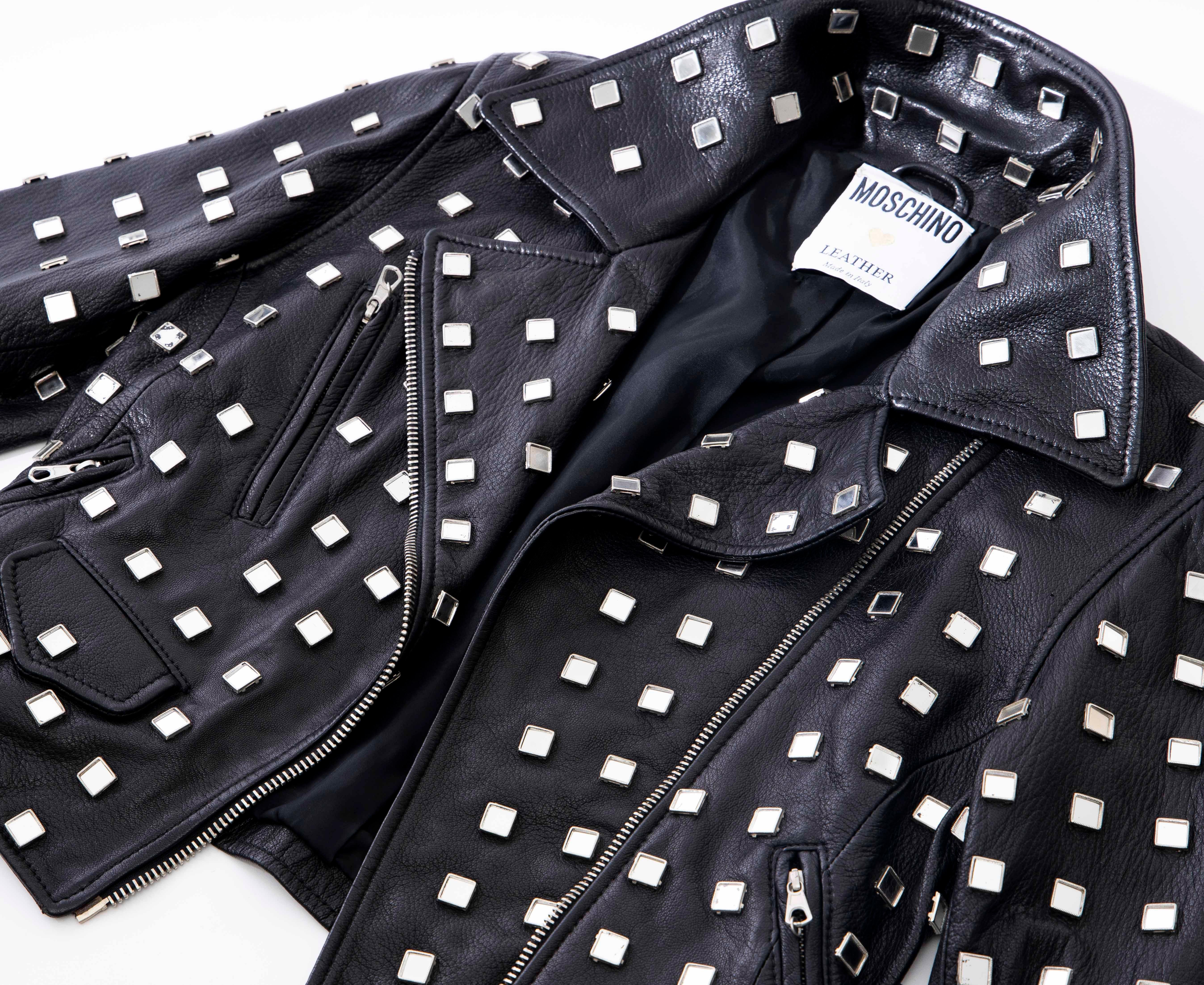 Moschino Black Zip Front Leather Jacket Appliquéd Square Mirrors, Circa: 1991 9
