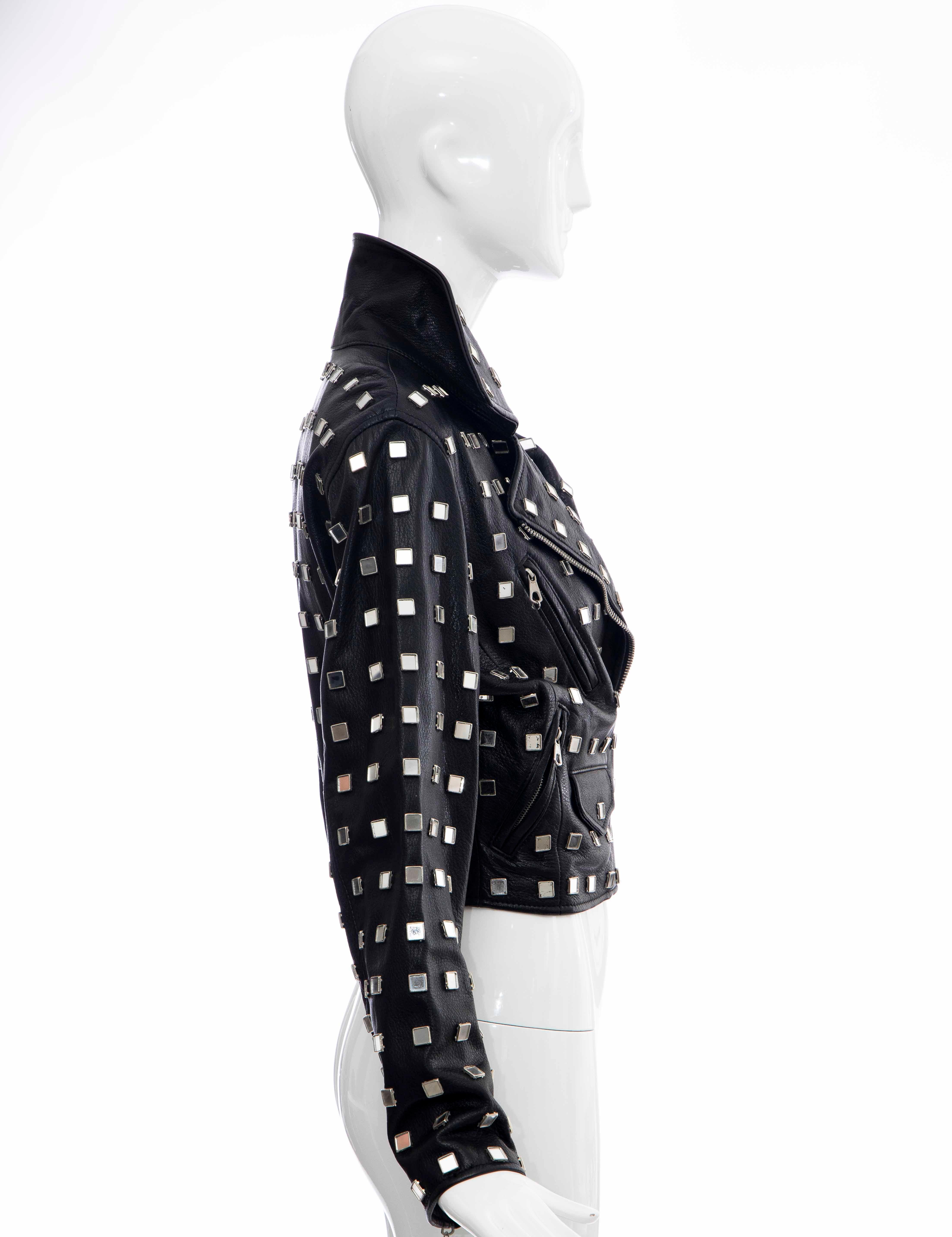 Women's Moschino Black Zip Front Leather Jacket Appliquéd Square Mirrors, Circa: 1991