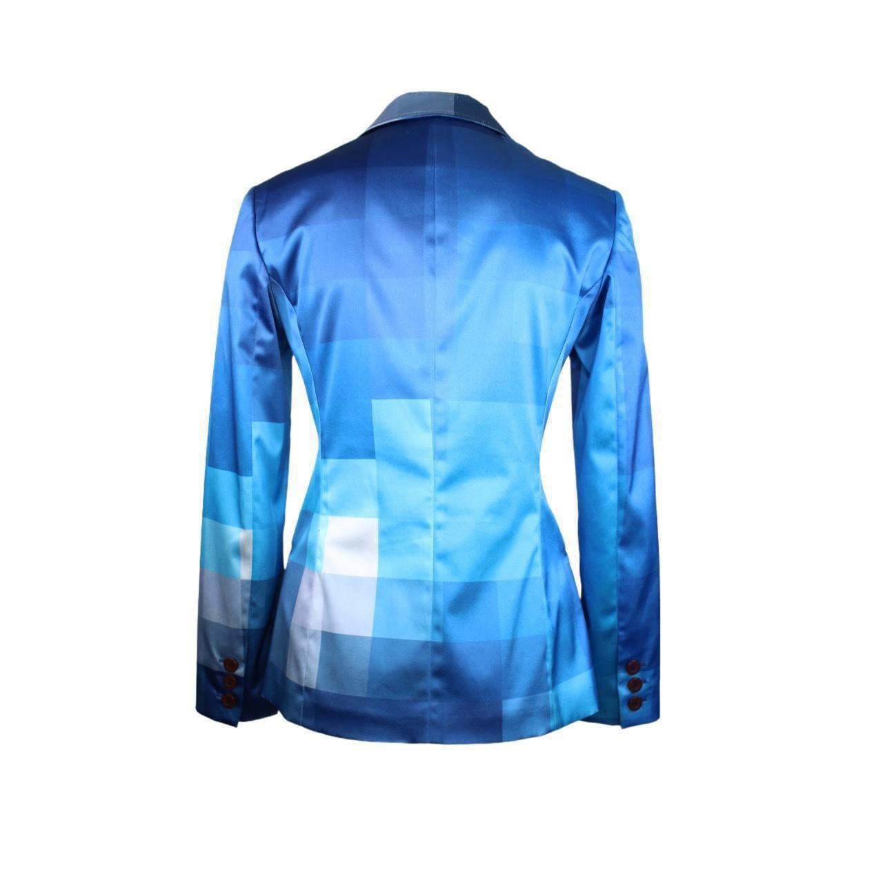 Moschino Blazer Blaue quadratische Satin-Jacke Damen im Angebot