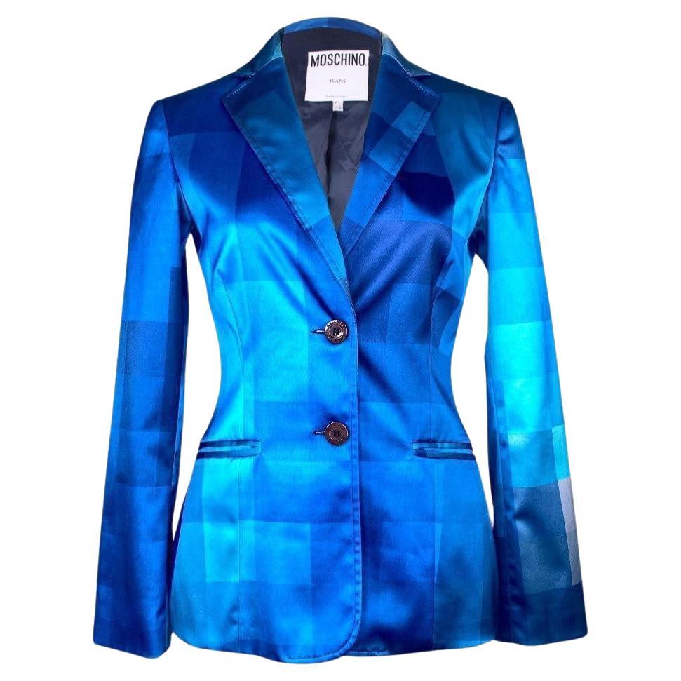 Moschino Blazer Blaue quadratische Satin-Jacke im Angebot
