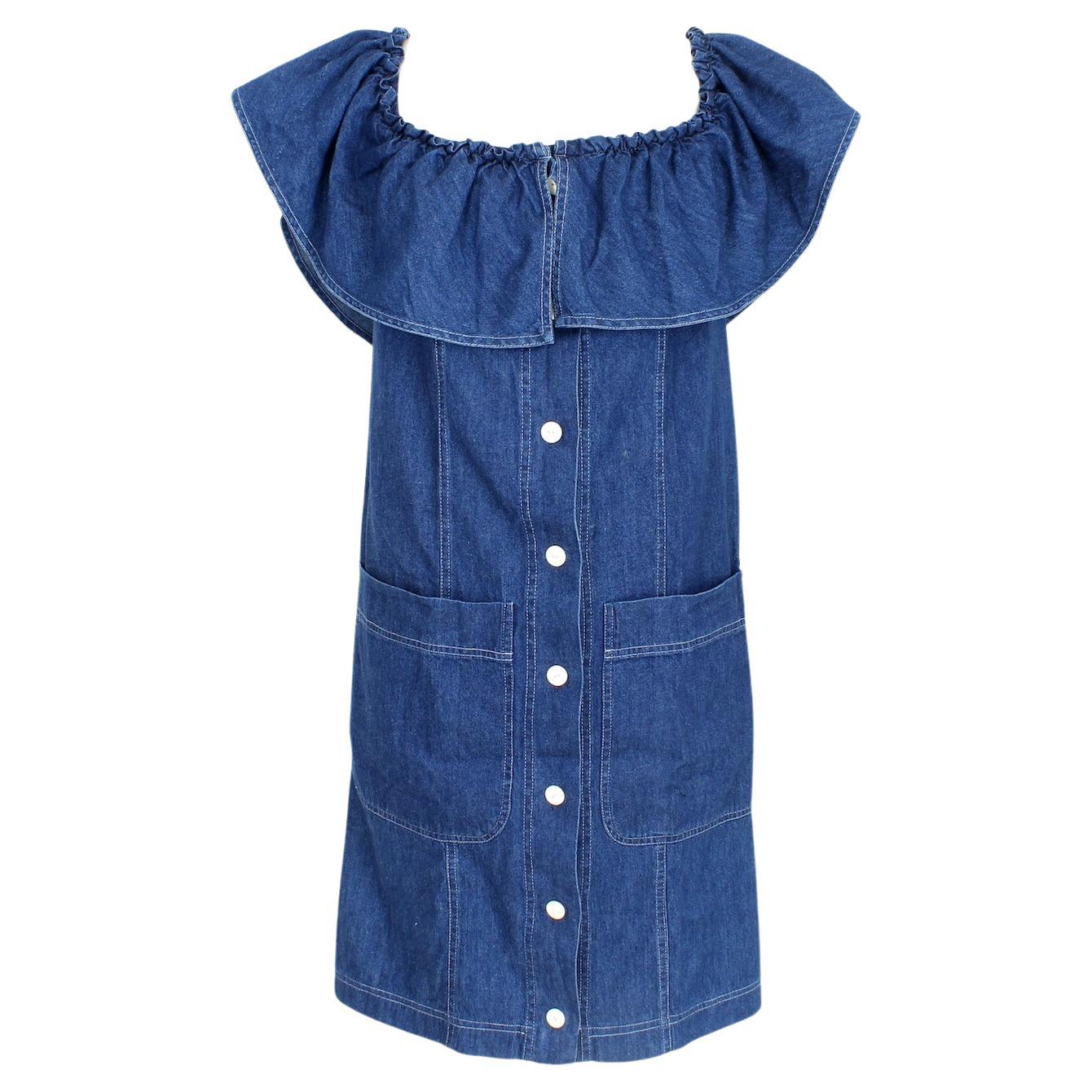 Moschino Blaues Jeans Denim Rouches Kleid 1980er Jahre im Angebot