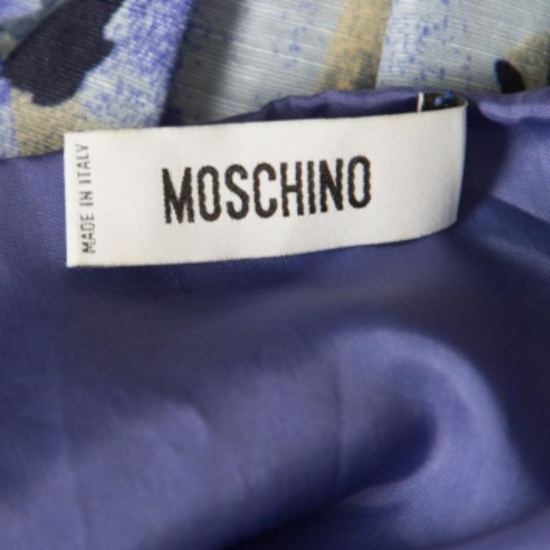 Moschino Blaues, geblümt bedrucktes Etuikleid aus Leinen und Seide mit Bateau-Ausschnitt S im Angebot 2