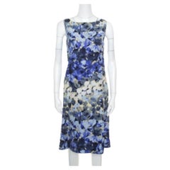 Moschino Blue Floral Printed Linen Silk Bateau Neck Shift Dress S