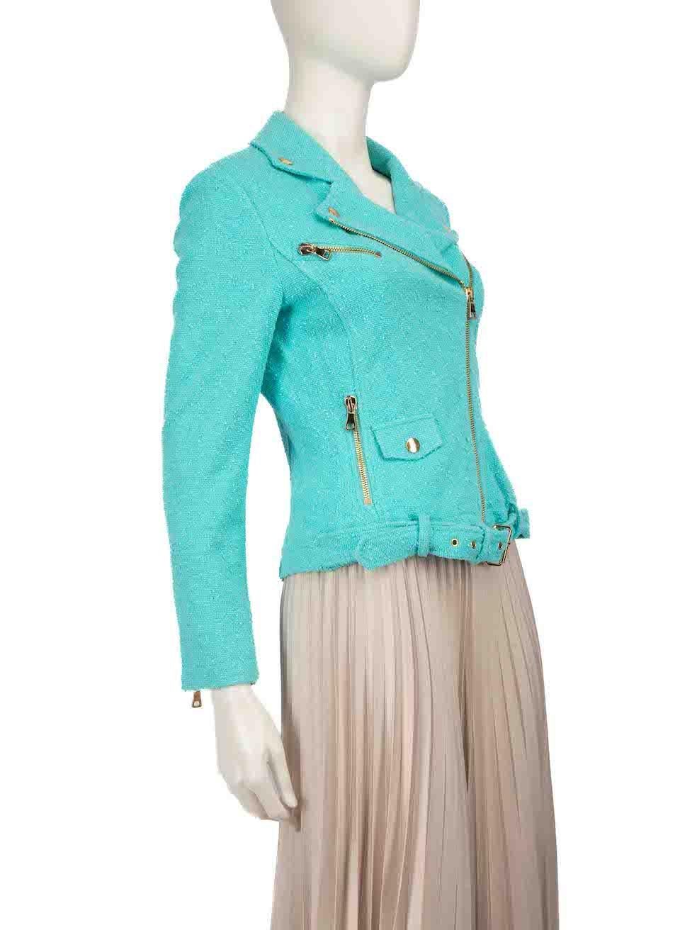 CONDITION is Very good. Hardly any visible wear to the jacket is evident on this used Moschino Cheap And Chic designer resale item.
 
 
 
 Details
 
 
 Blue
 
 Tweed
 
 Biker jacket
 
 Cropped fit
 
 Long sleeves
 
 Zipped cuffs
 
 Gold tone