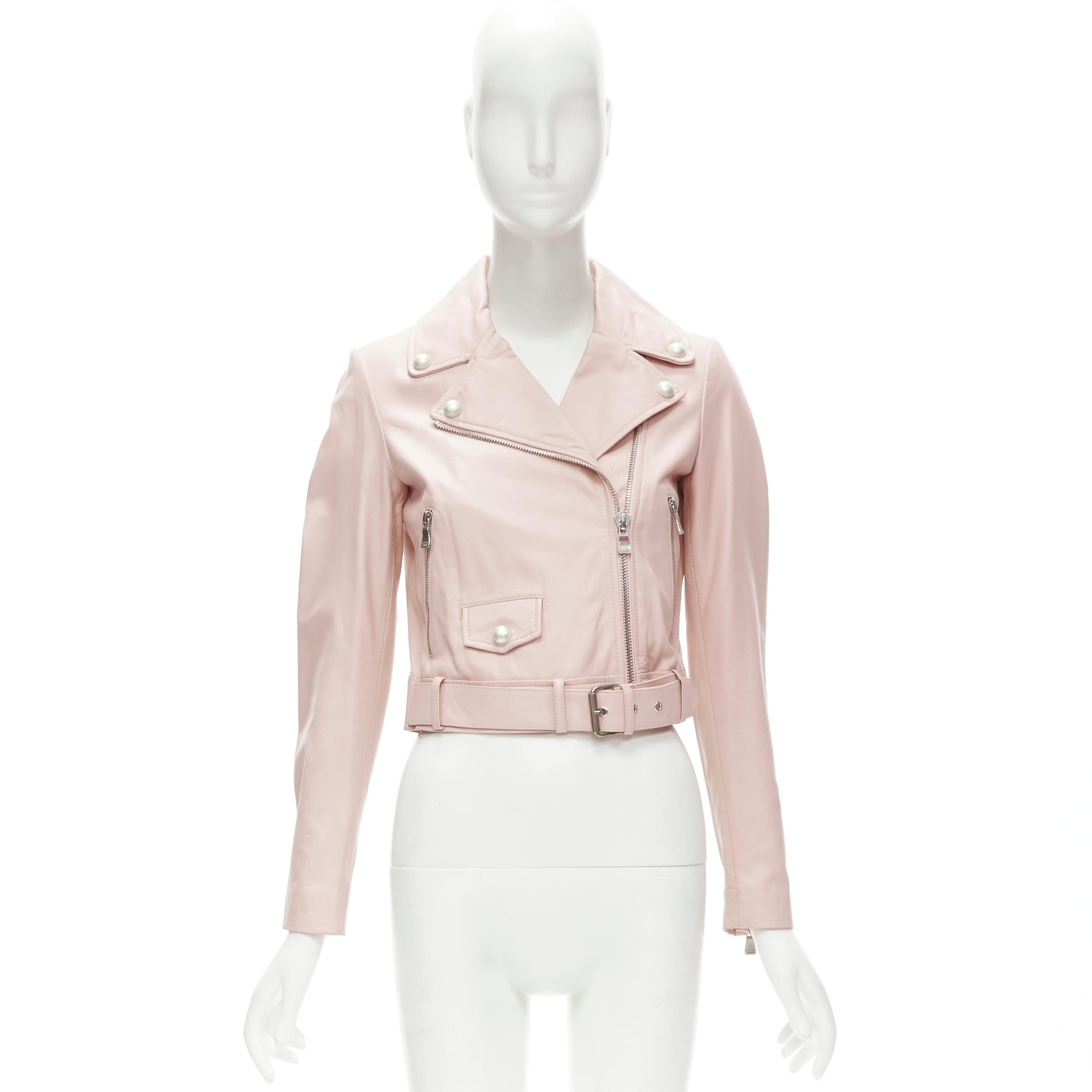 MOSCHINO Boutique light pink leather pearl button biker jacket S For Sale 3