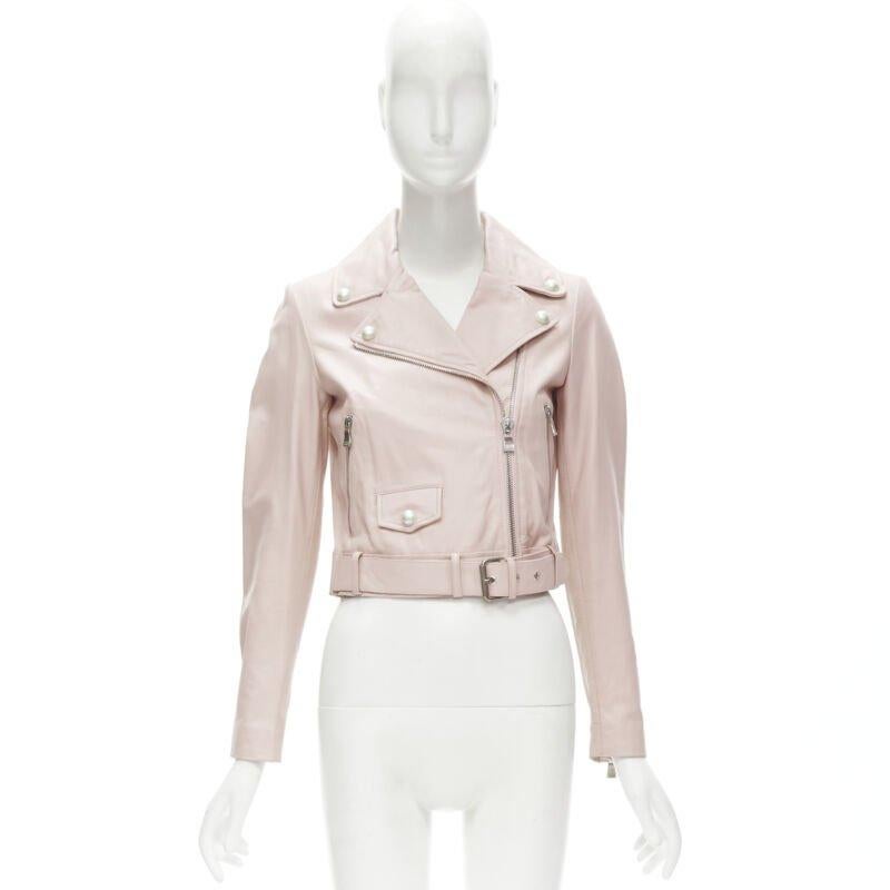 MOSCHINO Boutique light pink leather pearl button biker jacket S 6