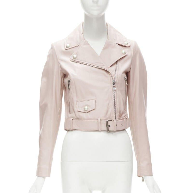 Beige MOSCHINO Boutique light pink leather pearl button biker jacket S