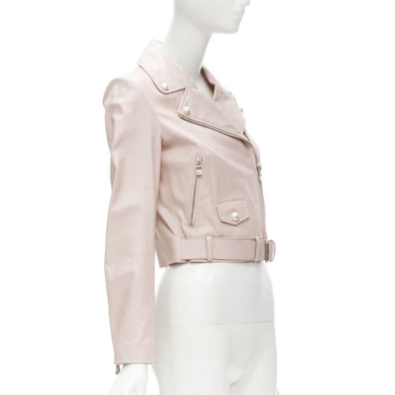 MOSCHINO Boutique light pink leather pearl button biker jacket S In Good Condition In Hong Kong, NT