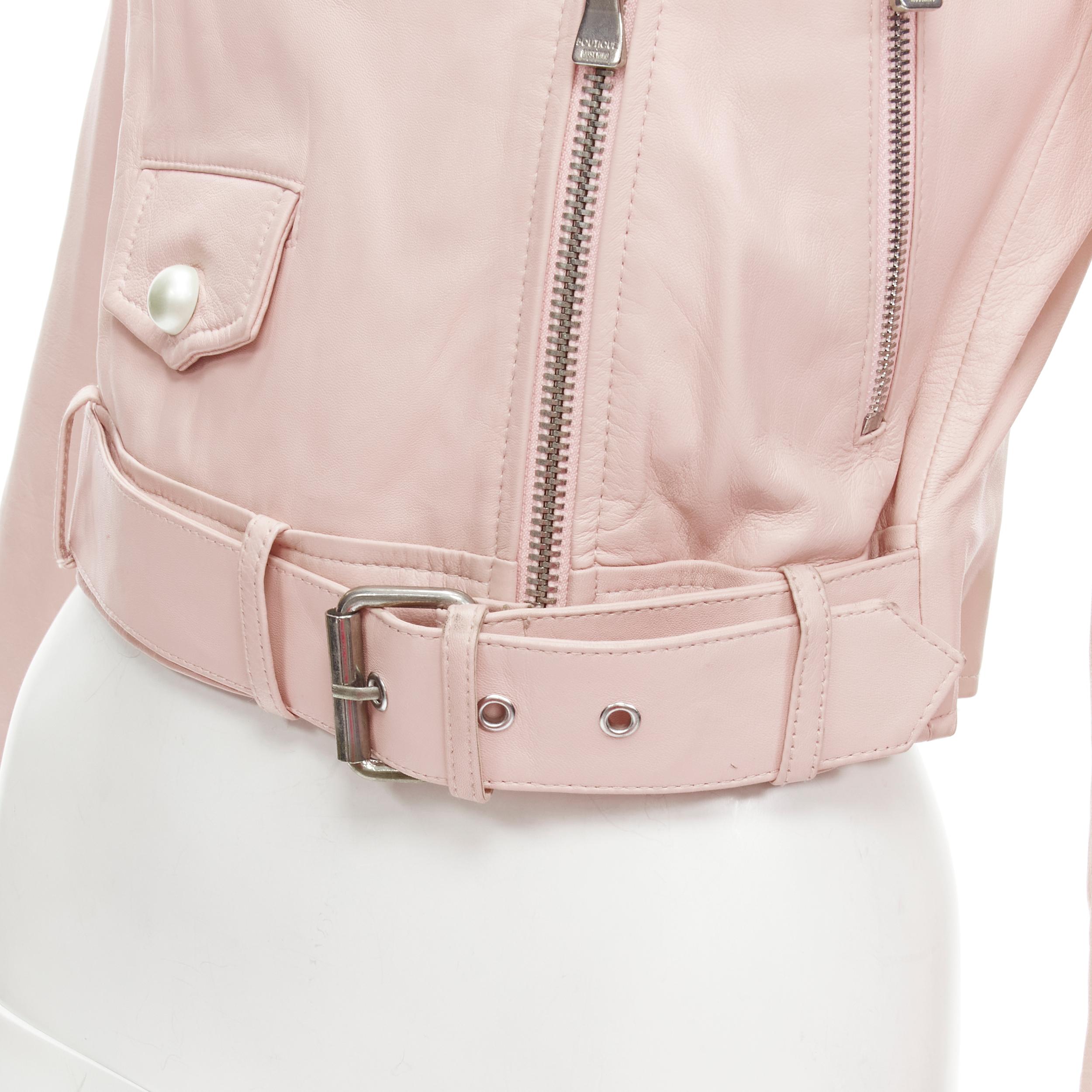 Women's MOSCHINO Boutique light pink leather pearl button biker jacket S For Sale