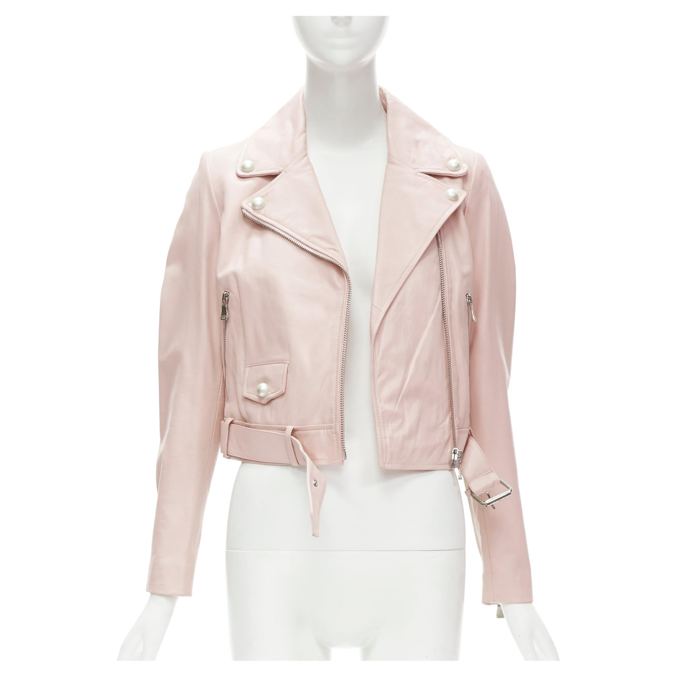 MOSCHINO Boutique light pink leather pearl button biker jacket S For Sale