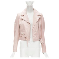 MOSCHINO Boutique veste motard en cuir rose clair avec boutons perlés S