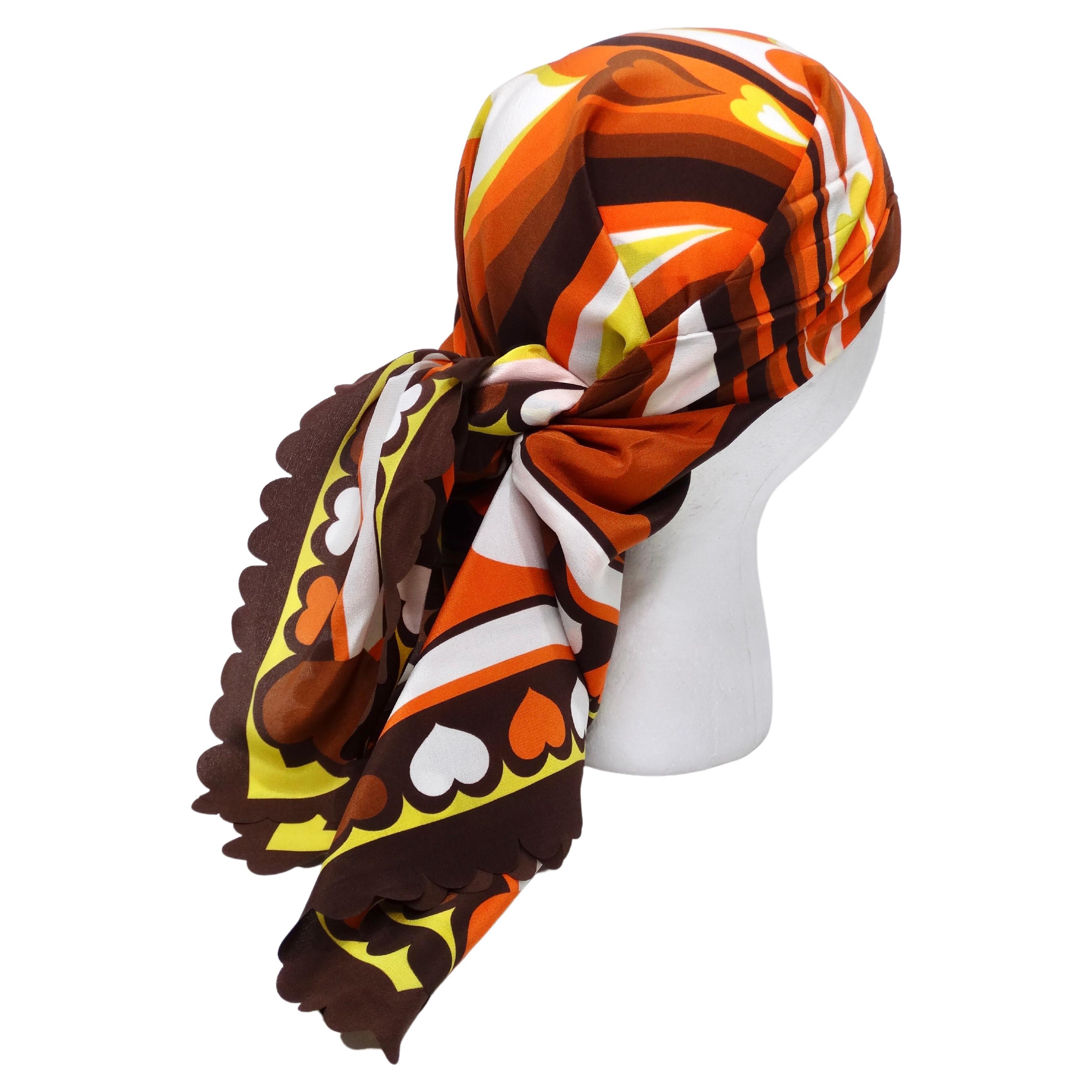 Snag this cute and fun Moschino Boutique scarf today! This scarf has an Olive Oyl print with super fun scalloped edged and a groovy heart print in a combination of browns and oranges. The border of this scarf is in small hearts and showcases the
