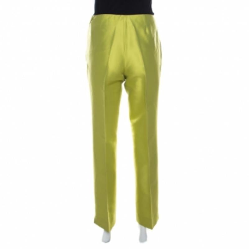 Brown Moschino Bright Green Silk Blend Flat Front Straight Leg Trousers L