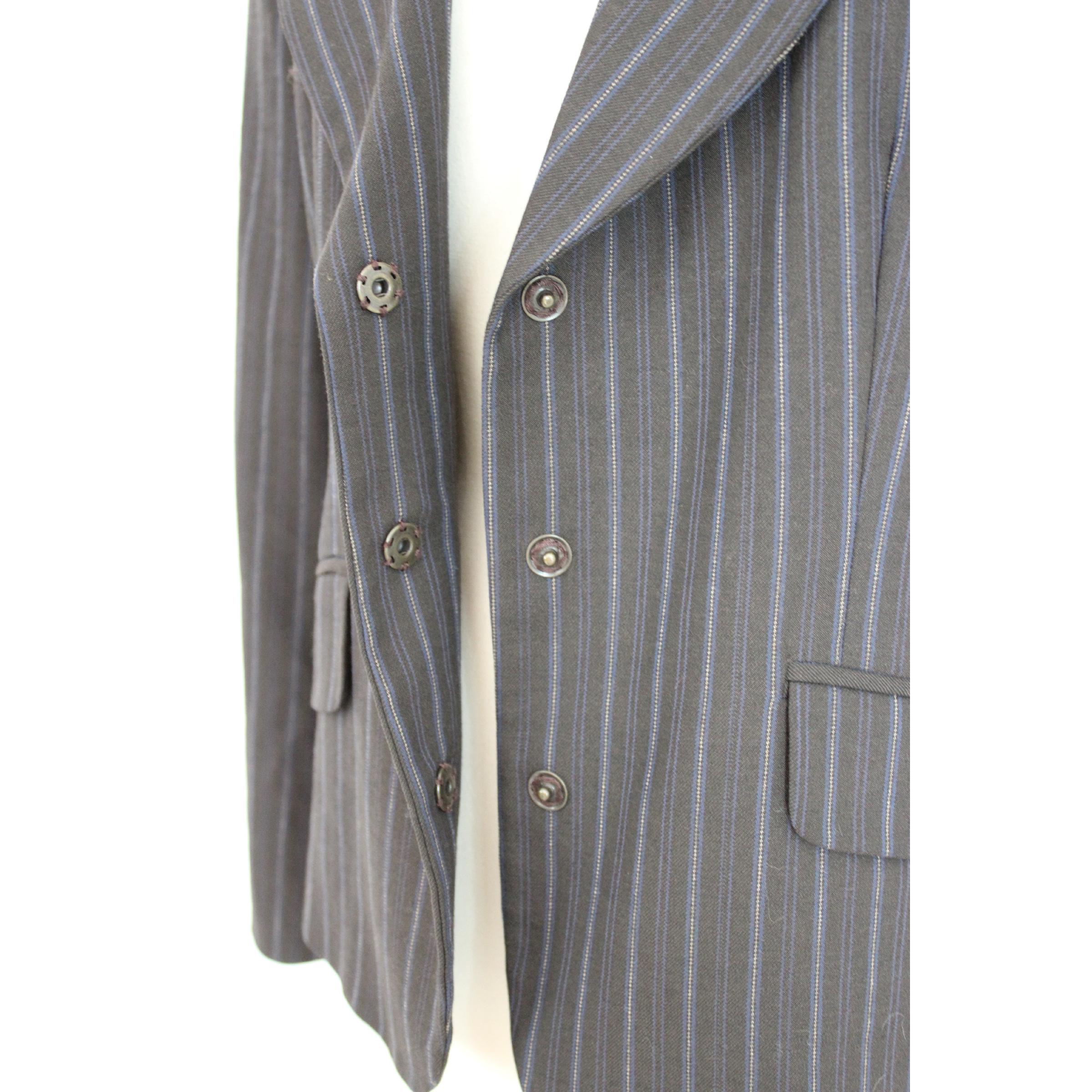 Gray Moschino Brown Beige Wool Pinstripe Classic Fitted Jacket For Sale
